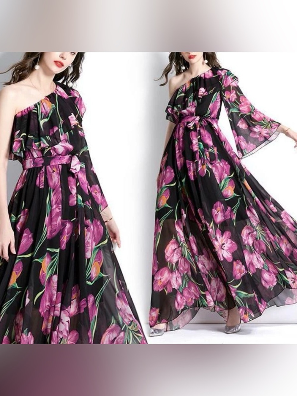 New DALIA MACPHEE One -Shoulder Black Floral Maxi Dress